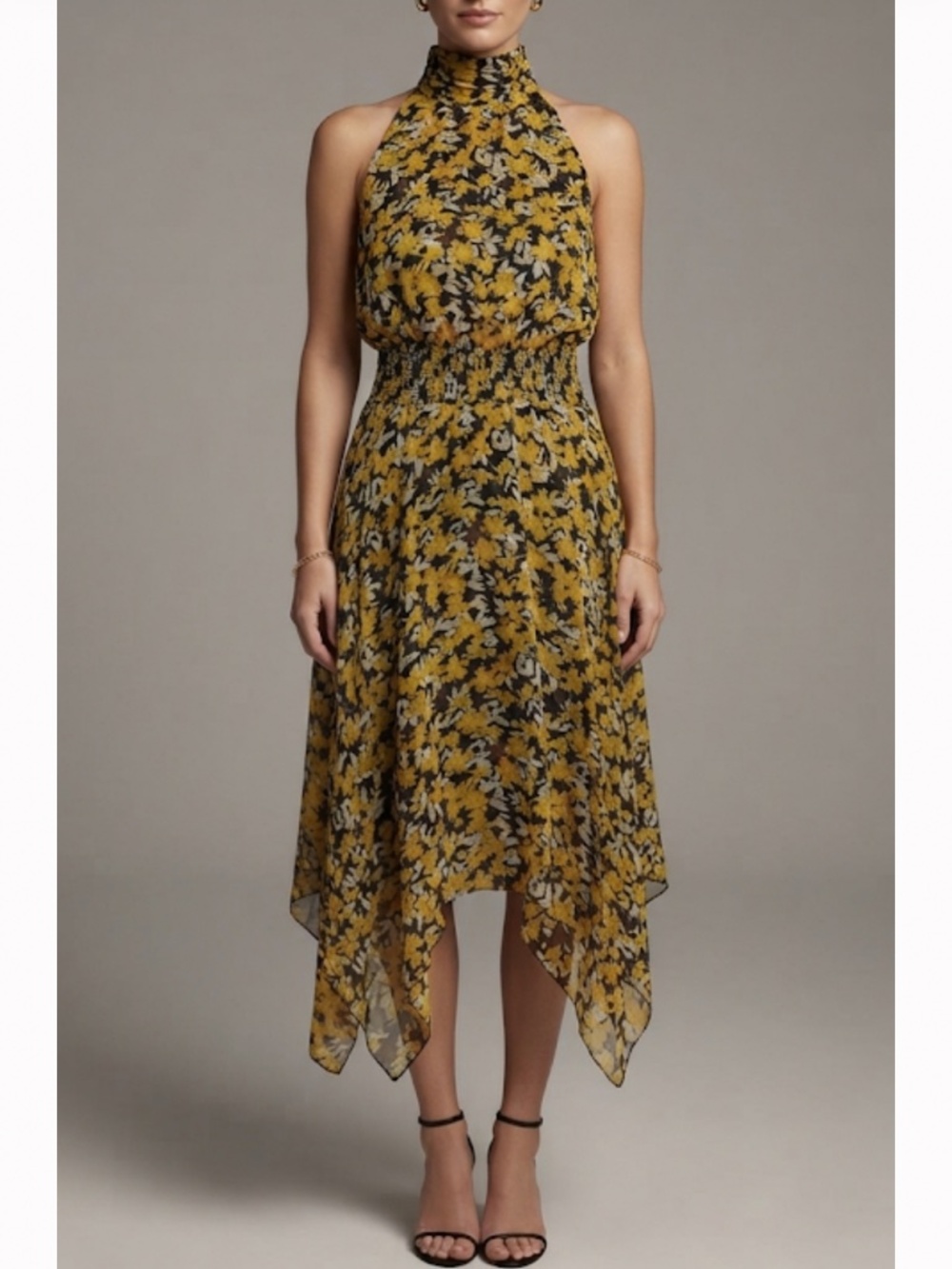 Sam Edelman Occasion Dress High Neck Yellow Black Smocked Waist Uneven Flowy Hem